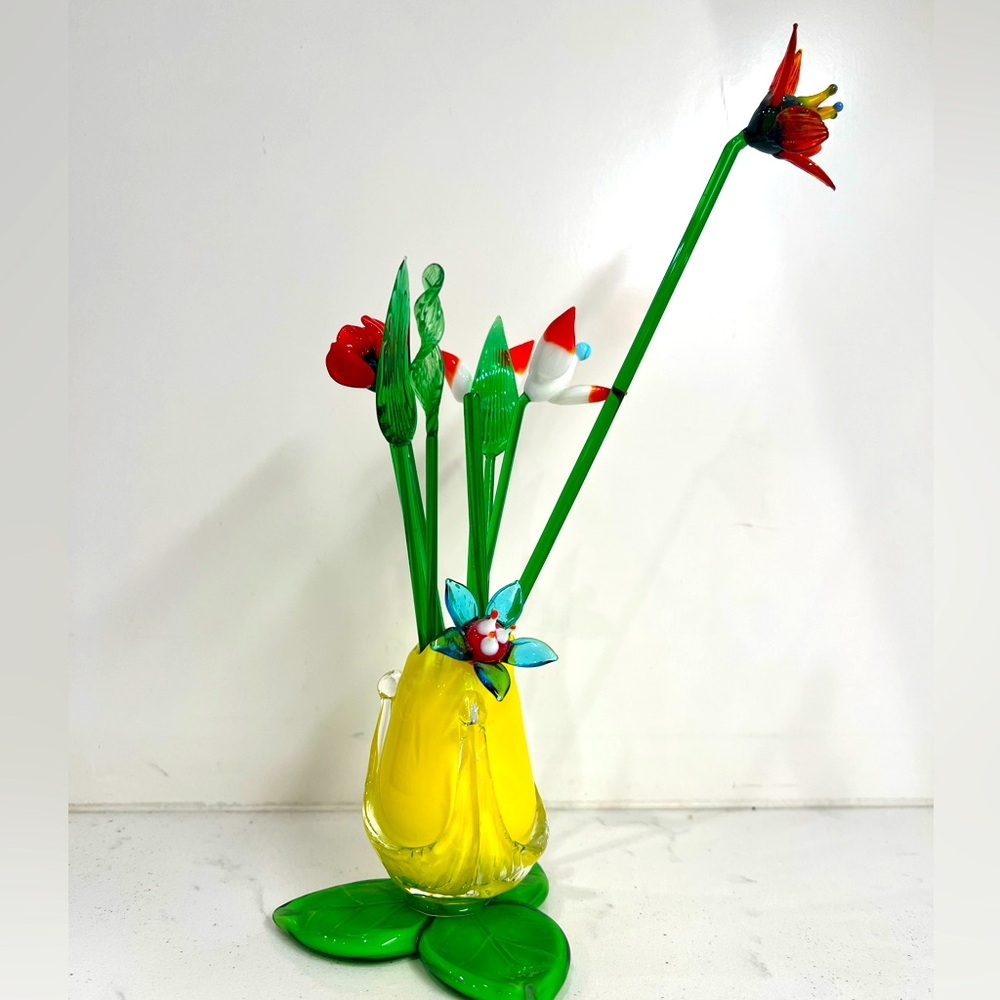 Vintage Murano Style Hand Blown Glass Flowers with Hand Blown Glass Floral Vase